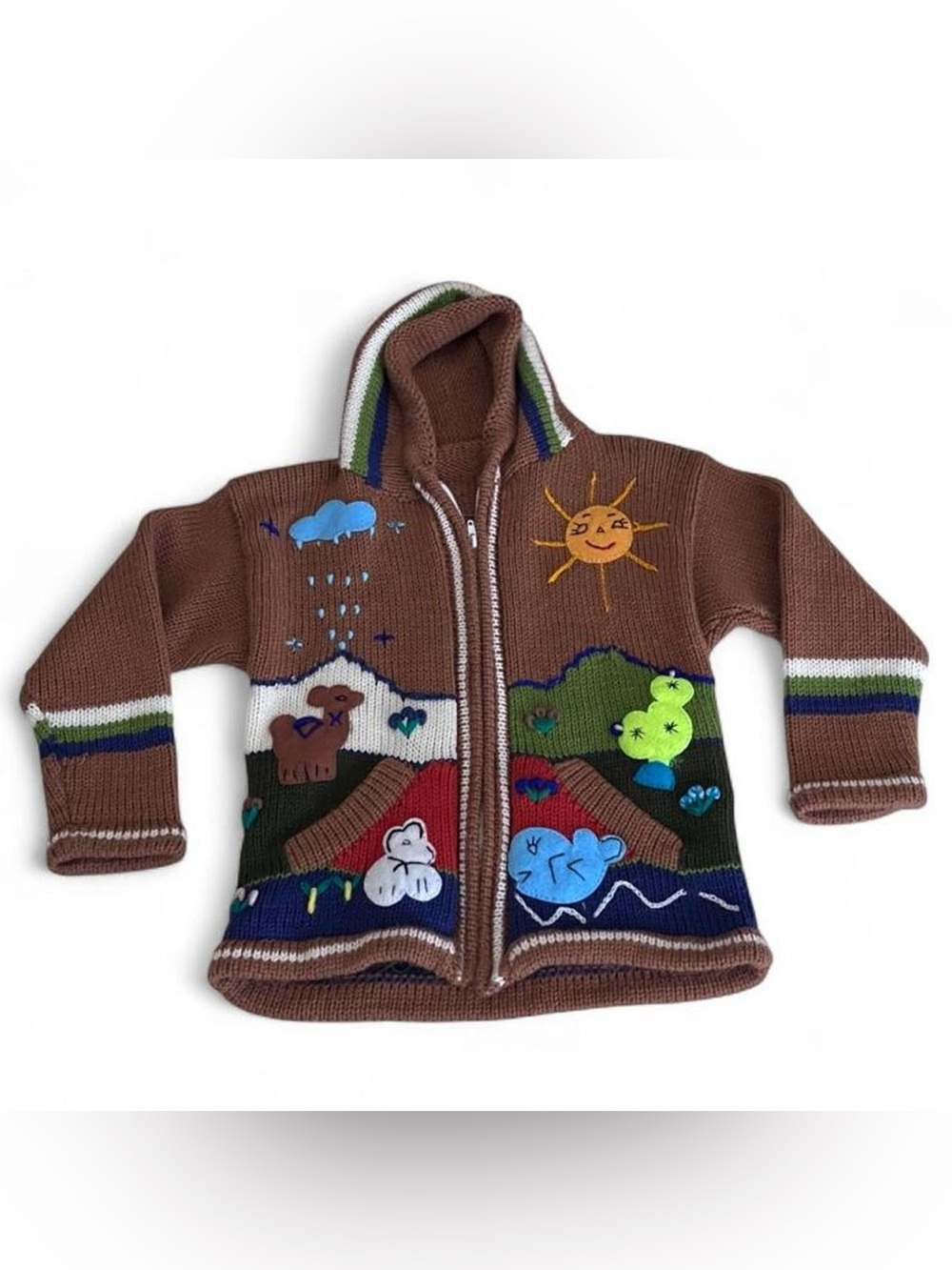 Handmade Peruvian knit children storybook full zip hoodie embroidered jacket OS